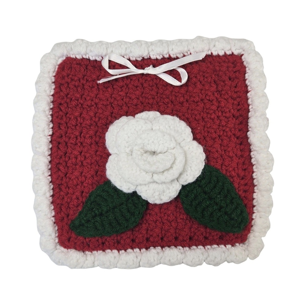 Vintage Handmade Granny Square Crochet Rose Trivet Red White Green Cottagecore